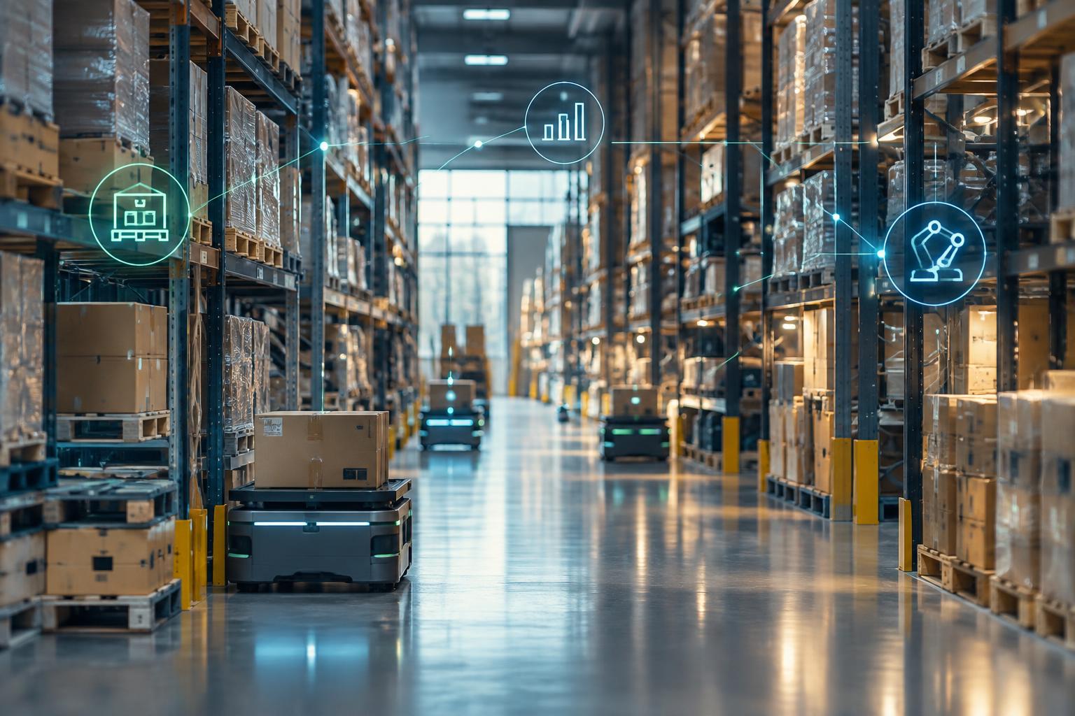 Magazzino automatizzato con robot e overlay digitali di connessione
